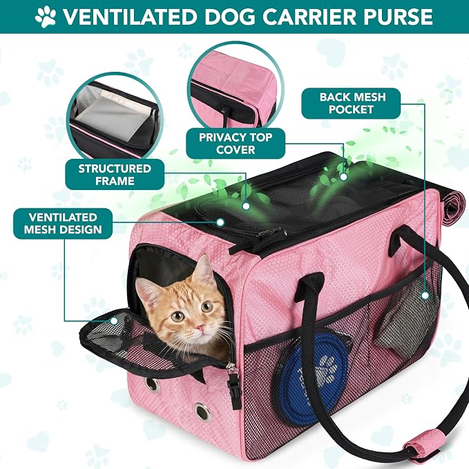 PetAmi Dog Purse Carrier for Small Dogs Cats, TSA Airline Approved Soft-Sided Pet Carrier with Pockets, Ventilated Travel Tote Bag with Bed & Shoulder Strap, Puppy Kitten, Max 12 lbs, Pink