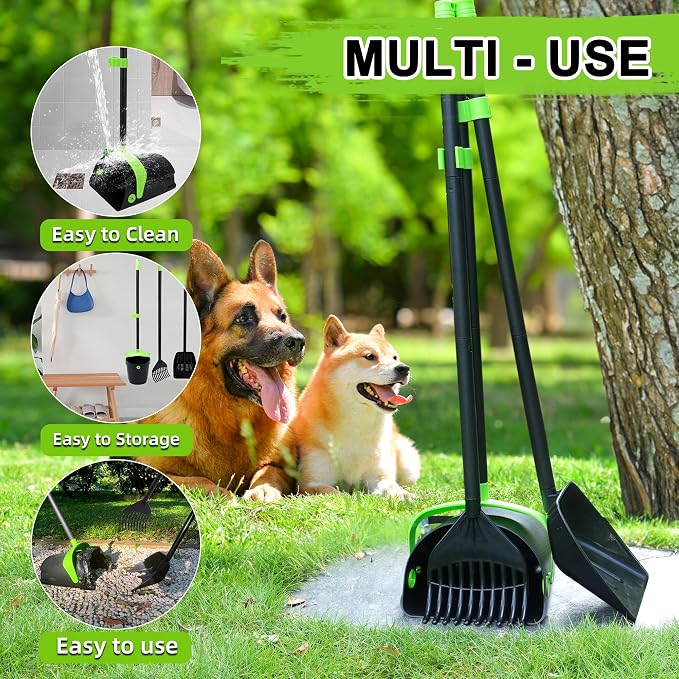 Pooper Scooper Swivel Bin & Rake & Spade Kit with Waste Bags, Max 50" Long Handle Adjustable Portable Non-Breakable for Large Medium Small Dogs, Dry and Wet Poop，Lawn Yard Dog Kennel