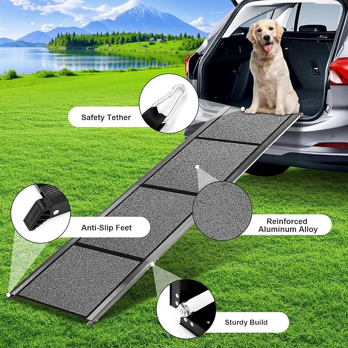 71''x 20'' Dog ramp for Car, Dog Ramps for Large Dogs, Folding Outdoor Dog Ramps for Stairs, Up to 250LBS, Non-Slip Rug Surface, 5s Installation, Dogs Car Steps for Large Dogs SUV, Truck, LKW