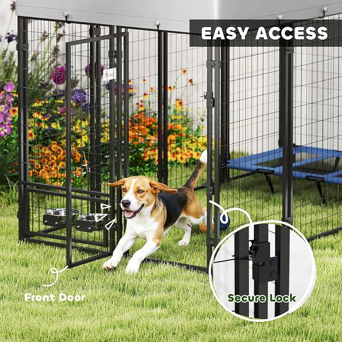 PawHut 8' x 4' x 6' Dog Kennel Outside Welded Wire for Large Breeds Silver | Outdoor Dog Kennel Run, 360° Rotating Bowls, Waterproof & UV Resistant Cover, for Chickens, Ducks