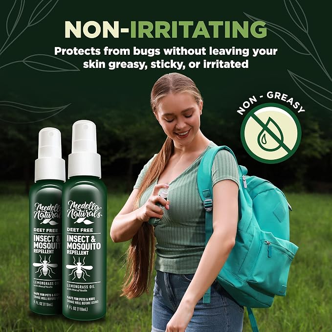 Deet-Free Insect & Mosquito Repellent – Nice Smelling, Pack of 2 (4 oz) | Insect Repellent with Lemongrass Oil Safe for Pets and Kids – Bug Spray Against Mosquitoes, Gnats, Black Flies, and No-See-um