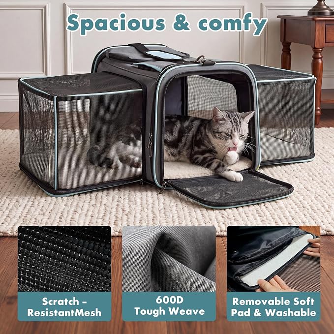 Expandable Cat Carrier for Cats and Small Dogs, Airline Approved Under-Seat with Double-Side Extension, Durable 600D Fabric Internal Frame, Ventilated with Safety Leash, Blue
