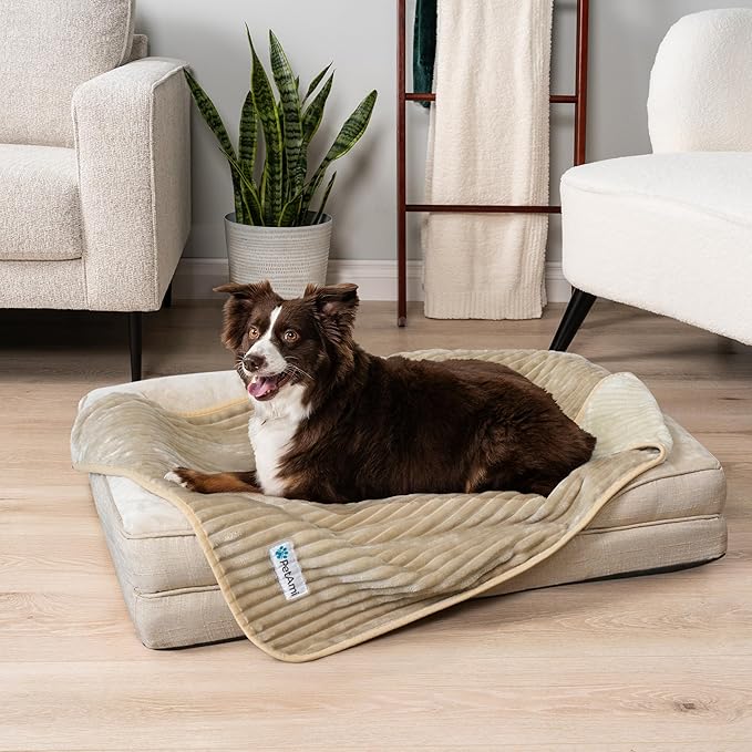 PetAmi Waterproof Dog Blanket, Leakproof Pet Blanket for Small Medium Large Dogs, Reversible Furniture Bed Sofa Couch Cover Protector, Plush Striped Pet Throw for Indoor Cat, 24x32 in, Taupe Beige