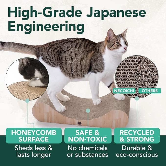 Necoichi Cardboard Cat Scratcher Bed for Indoor Cats - Cat Scratching Board, Horizontal Cat Scratch Pad Lounger with Reversible Usability and Extra Comfort for Lounge, Curved (18" Regular, Oak)