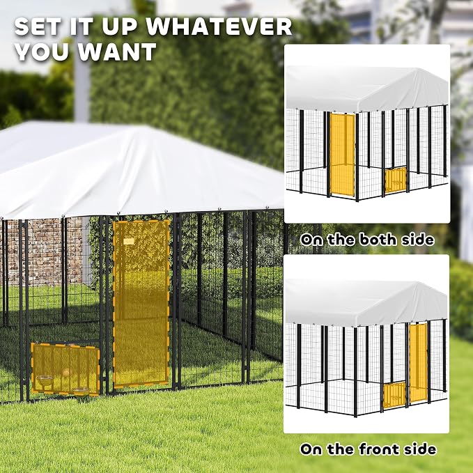 PawHut 10' x 10' x 6' Outdoor Dog Kennel with 360° Rotating Bowls, Sliver | Welded Wire Dog Kennel Outside Run, Waterproof & UV Resistant Cover, for S&M&L Breeds, Chickens & Ducks