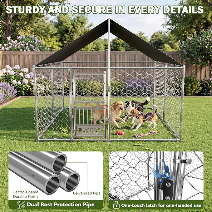 7.5 x 7.5ft Large Outdoor Dog Kennel with Rotating Feeder, HeavyDuty Dog Runs with Roof, Pet Playpen with Double Doors&Secure Lock, with Galvanized Chain Link for Dogs,Chickens,Ducks