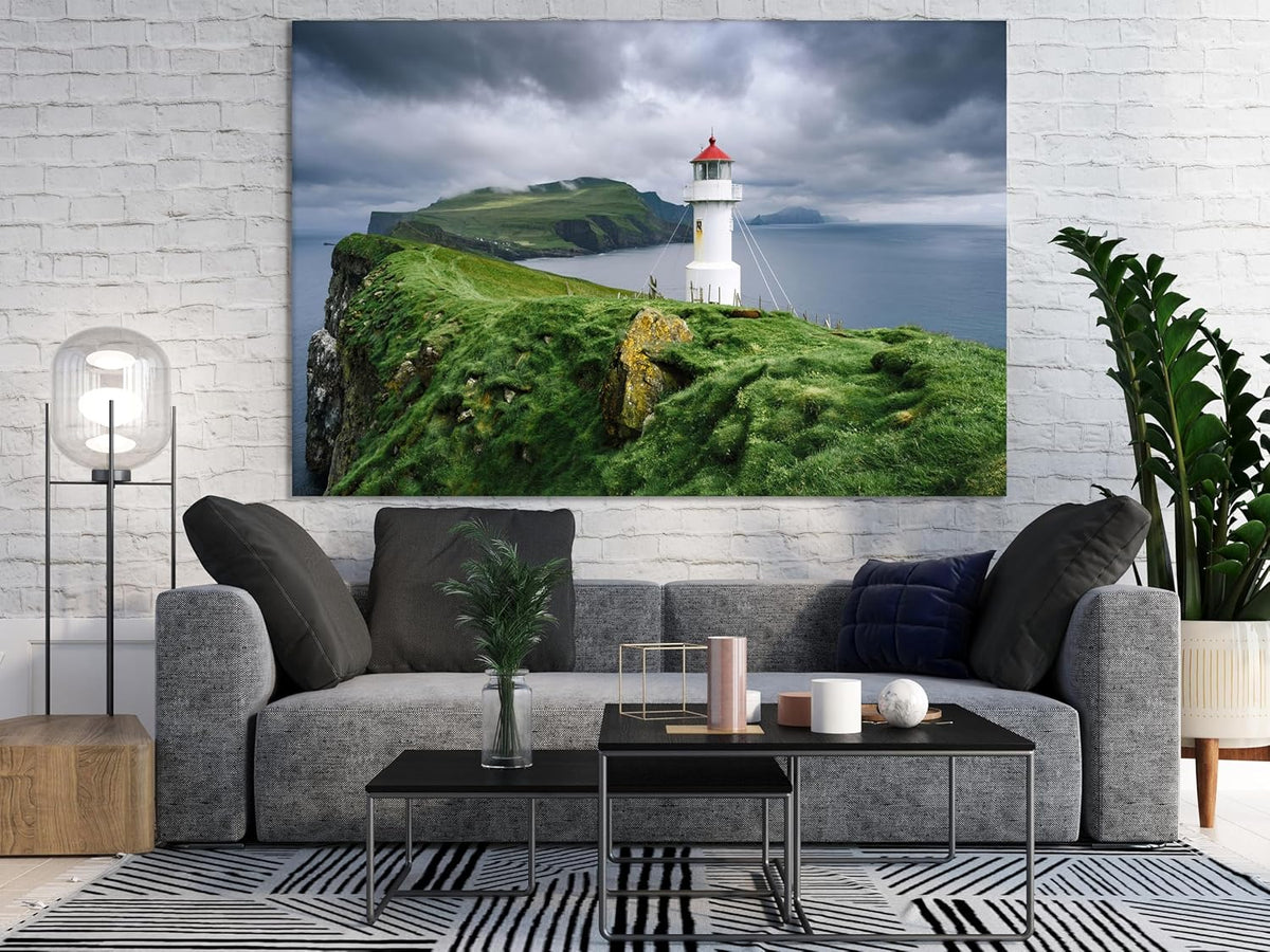 Nature Wall Art Prints - Ocean Forest Mountain Lake Canvas Landscapes - Small to Extra Large Living Room Bedroom Kitchen Bathroom Décor (Stormy Sky Lighthouse, 24L" x 36W")