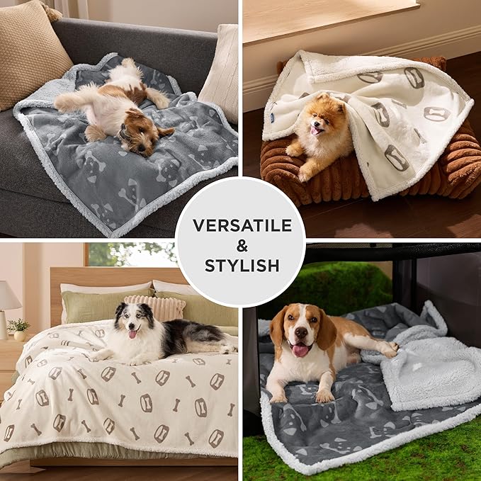 Bedsure Waterproof Blanket for Bed - Soft Print Sherpa Fleece Pet Cat Dog Blankets for Large Dogs Couch Protection, Soft Plush Reversible Furniture Protector, Twin Size, 60"x80", Beige