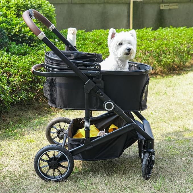 TODEFULL Pet Stroller with 4 Wheels, 3 IN 1 Folding Puppy Strollers for Small/Medium Dogs Cats up to 50lbs, Lightweight Pet Travel Carrier with Detachable Cushion, Storage Basket and Cup Holder, Black