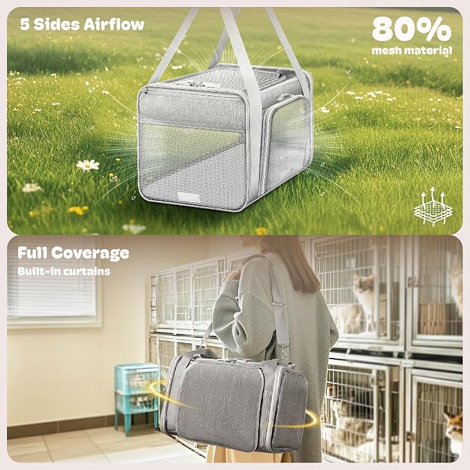 Top and 2 Sides Expandable Cat Carrier 17x11x11, TSA Airline Approved Dog Carriers for Medium Dogs, Soft-Sided Pet Carrier with Self-Locking Zippers for Kitten,Rabbit, Puppy, Guinea Pig Grey