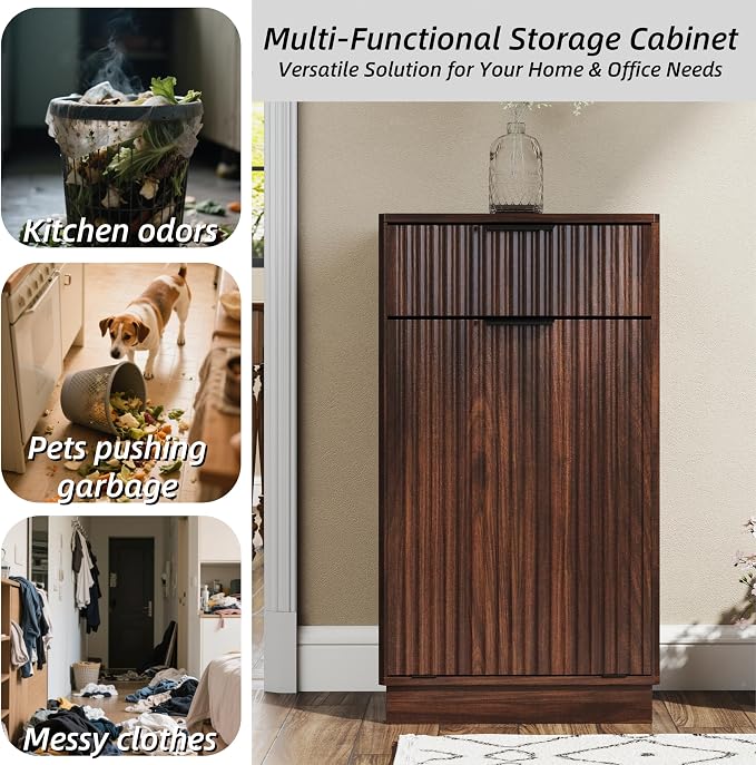 10-Gallon Single Tilt Out Trash Can Cabinet with Drawer,Kitchen Trash Can Cabinet Garbage Recycling Cabinet Wooden Dog-Proof Trash Cabinet for Dining Room and Kitchen,Laundry Room