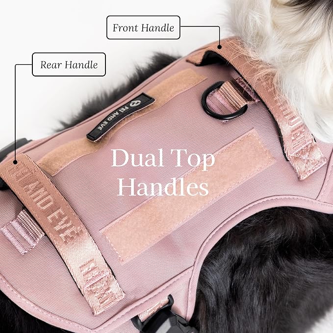 Fei & Eve Classic Dog Harness, MagEase Magnetic Buckle | 3-Point No-Pull Control, Dual Handle Support, 900D Nylon, Tactical Patch Panel, Heavy Duty, Medium, Pink