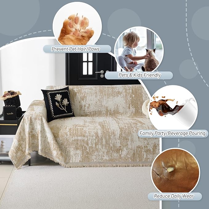 MYSKY HOME Sectional Couch Cover Khaki Geometric Abstract Sofa Covers for Sectional Sofa L Shape Chenille Couch Protector for Dogs Pets Couch Throw Cover Washable Durable for Home Decor, 91" X134"