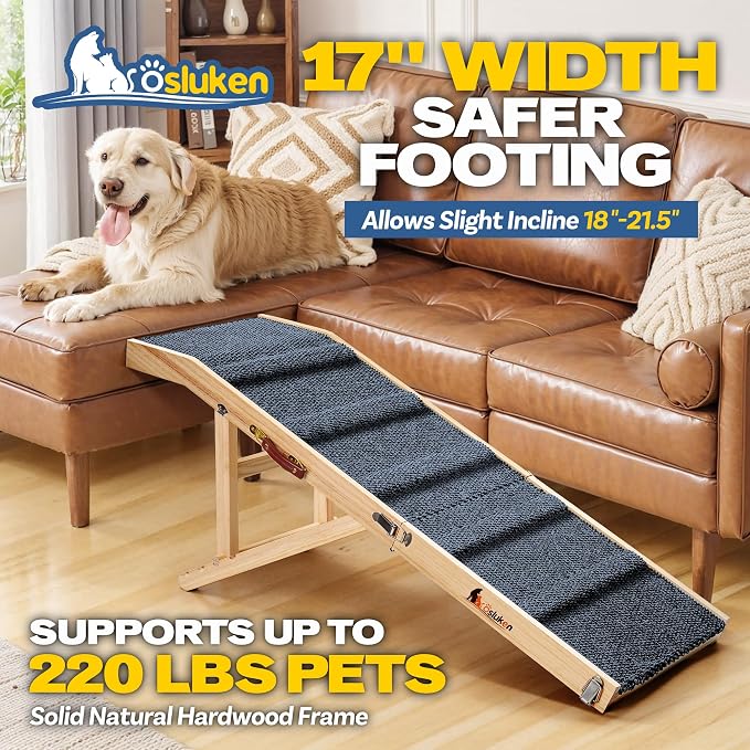 Dog Ramp for Couch, 49" Long Foldable Pet Ramp for Small Large Dogs, Dog Ramps for Bed, High Traction with Platform 6 Adjustable Heights 18" to 21.5" Up to 220LBS, Wood