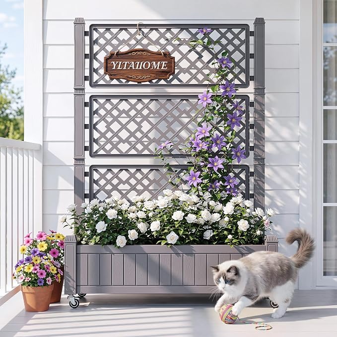 YITAHOME 42.5x14.2x61 in Planter Box with Trellis, All-Weather Raised Garden Bed with Wheels & Drain Plug, Outdoor Privacy Screen for Climbing Plants Flowers Herbs, Brown