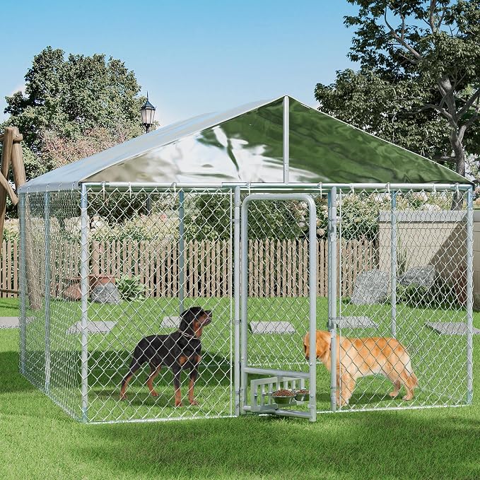 10×10×7 FT Outdoor Dog Kennel Enclosure w/Roof, Rotating Feeder | Large Heavy Duty Dog Run Playpen with 2 Stainless Bowls, Galvanized Pet House with Secure Lock, Waterproof Cover