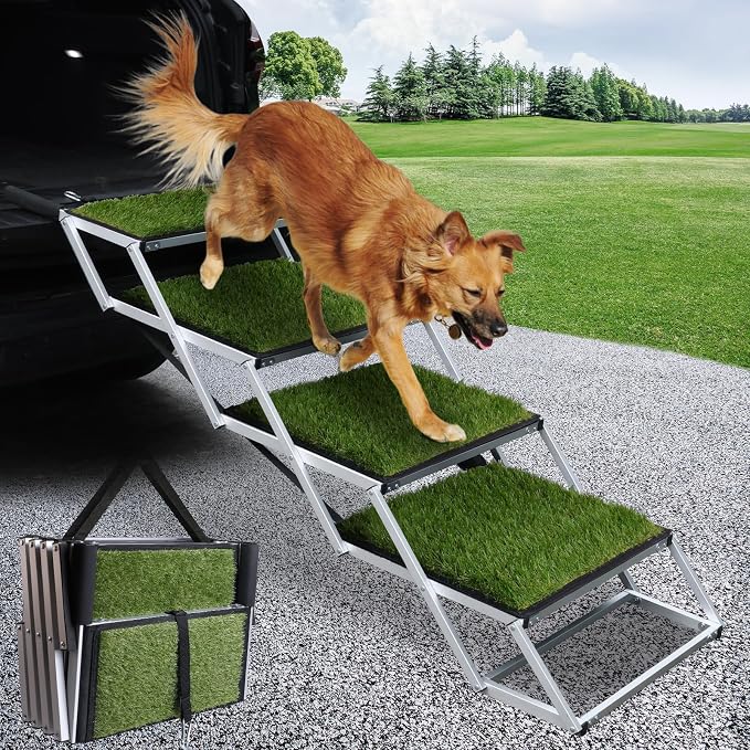 DGSL Folding Dog Stairs for Car, Green 16.9" Wide 4-Step Non-Slip Pet Steps | Portable Pet Stairs for Vehicle Access, Large Dogs, SUVs, Trucks and Home use