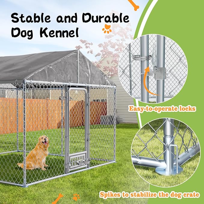 Grepatio 10x10 FT Outdoor Dog Kennel with Roof, Outside Dog Enclosure with 2 Rotating Feeder Bowls, Dog Kennel Dog Playpen Fence for Large Dogs with Secure Lock (10x10 FT)