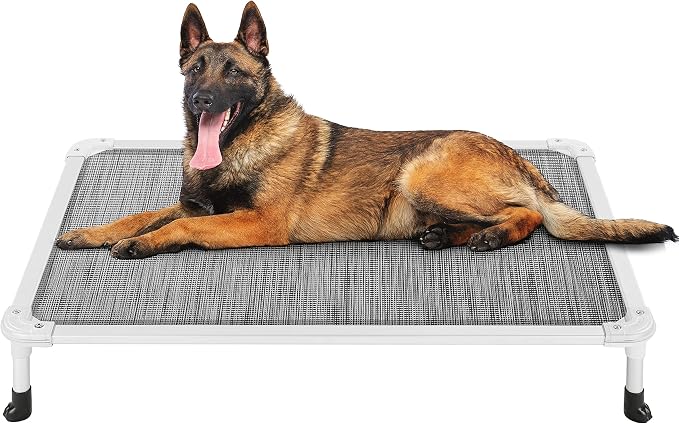 Veehoo Chew Proof Elevated Dog Bed, Cooling Raised Pet Cot, Silver Aluminum | Indestructible Dog Bed with Durable Textilene Mesh Fabric, No-Slip Feet for Indoor or Outdoor Use, 42", Large, Black Silver