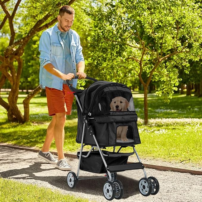 Pet Stroller for Small Medium Dogs & Cats, 4-Wheel Breathable Compact Foldable Dog Carrier with Storage Basket, Outdoor Portable Lightweight Travel Stroller for Camping,Black