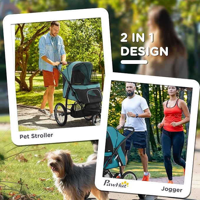 PawHut 3 Wheels Pet Stroller, Foldable Dog Stroller with Adjustable Canopy, Safety Tether, Cushion, Storage Basket, Portable Jogger for Small and Medium Dogs and Cats, Dark Green