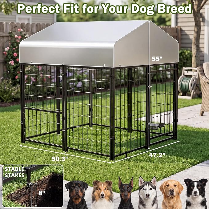 Dog Kennel Outdoor Enclosure with Roof, 4x4x4.6 FT Heavy Duty Outside Dog Run for Yard, Dog Crate Playpen with UV-Resistant Waterproof Cover