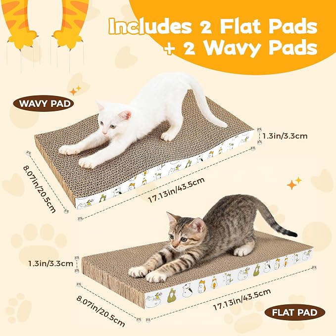 PatiencET Cat Scratcher Cardboard Pads for Indoor Cats, 4-Pack Mixed Flat and Wavy, Catnip Included