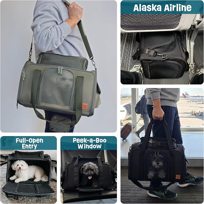 Airline-Approved Pet Carrier with Expandable Pop-Up Mesh Window, Waterproof Bottom & Plush Washable Pad (Moss Green)
