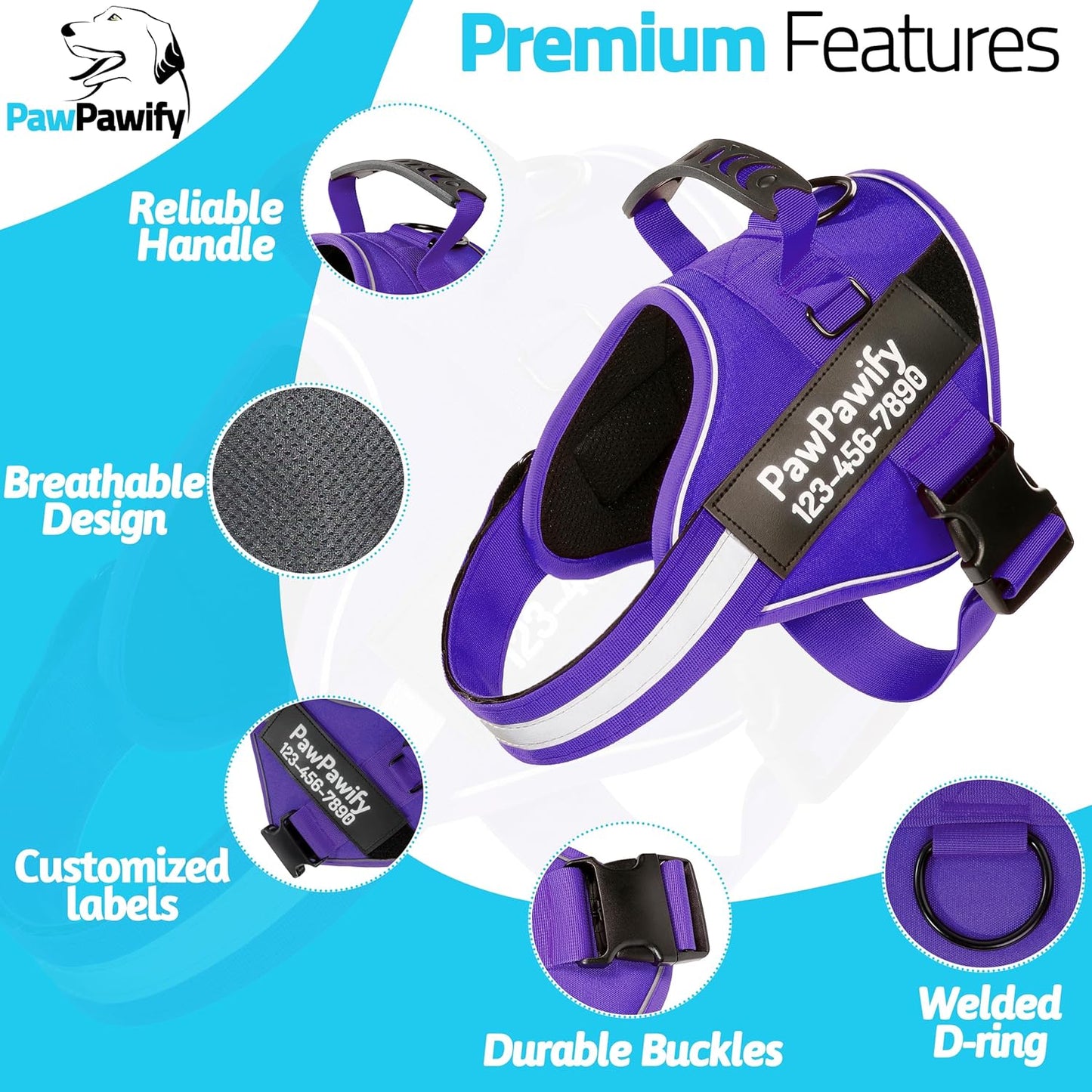 PawPawify Custom No Pull Dog Harness with Name and Phone Number, Heavy Duty Personalized Pet Vest to Prevent Tugging, Pulling, or Choking, Training and Walking (New Purple, XS (5-9LBS))