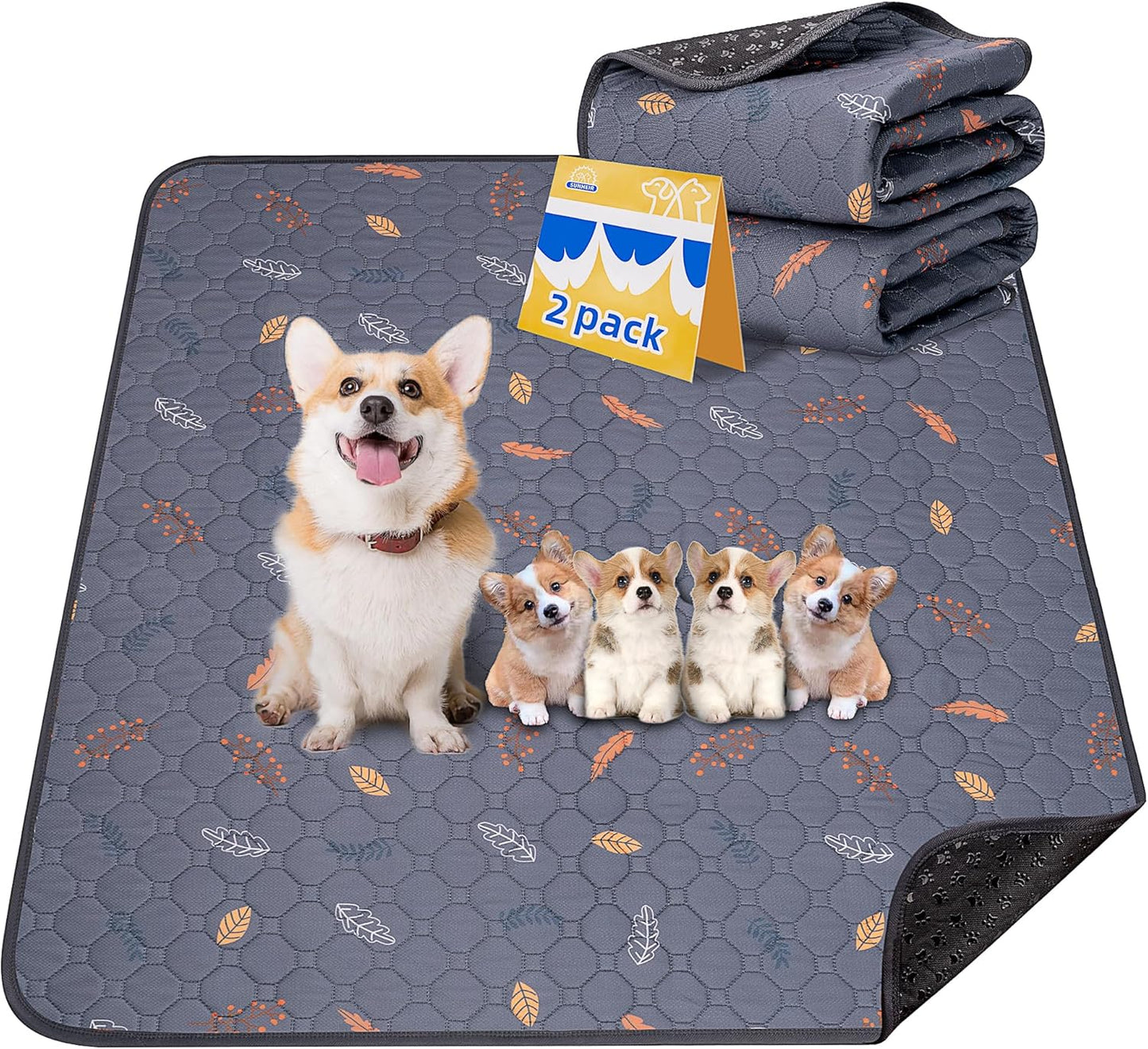 Washable Pee Pads for Dogs - 2 Pack Puppy Pads with Super Absorbent, Non-Slip, Reusable Pee Pads Specifically Designed for Dog Playpen, Crate, Whelping Box, Floor - 36" x 41", Grey