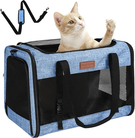 PETUX Large Pet Carrier for Large Cats up to 20 lb for Travel | Top & Side Entry, 4 Side Breathable, Foldable Soft Cat Travel Carrier with Safety Car Seat Buckle & Anti-Scratch Mesh, Blue