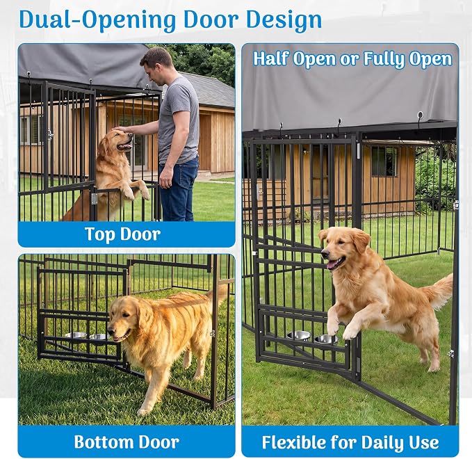 Redlife 10x10 FT Heavy-Duty Outdoor Dog Kennel with Roof | 84" Tall Steel Tube Dog Cage, 360° Rotating Feeding Bowls, Double Door Design, Waterproof Cover, Large Backyard Dog Enclosure