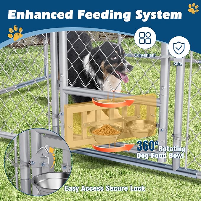 10×10×7 FT Outdoor Dog Kennel Enclosure w/Roof, Rotating Feeder | Large Heavy Duty Dog Run Playpen with 2 Stainless Bowls, Galvanized Pet House with Secure Lock, Waterproof Cover