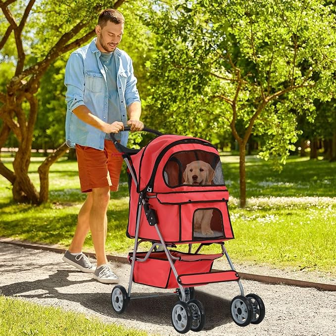 Pet Stroller for Small Medium Dogs & Cats, 4-Wheel Breathable Compact Foldable Dog Carrier with Storage Basket, Outdoor Portable Lightweight Travel Stroller for Camping,Red