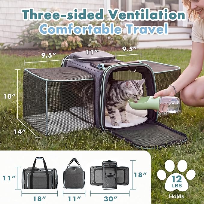 Expandable Cat Carrier for Cats and Small Dogs, Airline Approved Under-Seat with Double-Side Extension, Durable 600D Fabric Internal Frame, Ventilated with Safety Leash, Blue