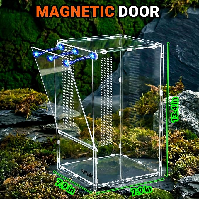 Jumping Spider Enclosure, Acrylic Terrarium with with Magnetic Doors, 0.8mm Micro-Ventilation, Stackable Escape-Proof Habitat for Jumping Spiders, Tarantulas & Small Reptiles, 7.9"x7.9"x13.4"