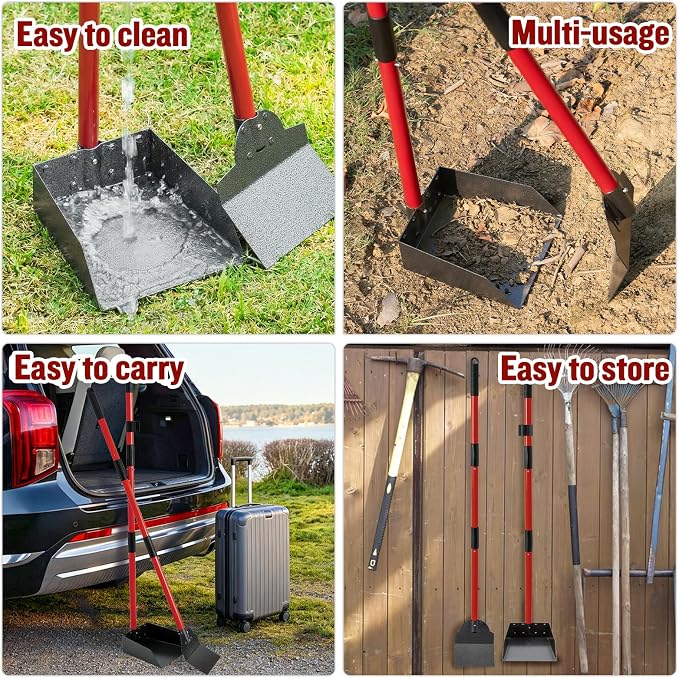 Pooper Scooper for Large Dogs, Adjustable Long Handle Metal Tray and Spade Poop Scooper for Dogs with Bin for Pet Waste Removal, No Bending Clean Up Pooper Scooper for Medium and Large Dogs,Red