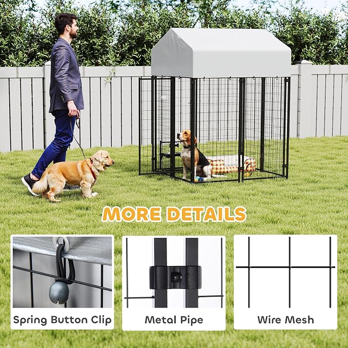 PawHut Outdoor Dog Kennel with Roof, 4' x 4' x 6' Heavy Duty Welded Wire Dog Playpen Enclosure with Escape-Proof Lock, UV-Resistant & Waterproof Cover, for Medium Dogs, Chickens, Ducks, Silver | Heavy Duty Welded Wire Dog Playpen Enclosure, Escape-proo...