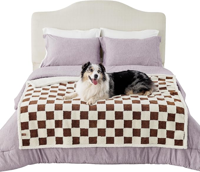 LE SURE Waterproof Dog Blankets for Large Dogs Cute Cozy 3D Jacquard,50x60 | Warm Soft Pet Blanket for Senior Dogs Aesthetic Gift, Washable Sherpa Throw, Reversible Couch Protector, Brown Checks