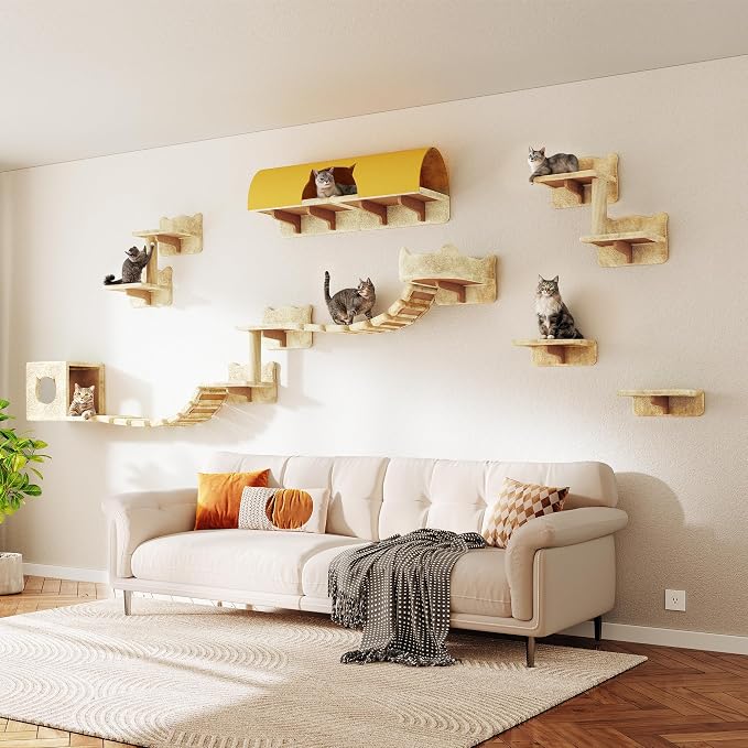 16-in-1 Cat Wall Shelves, Cat Furniture w/Tunnel & Bridge, Beige | Wall Mounted Cats Shelf Set with Plush Fabric, Cat Climbing Wall Systems for 16 Inch Drywall, with Scratching Posts, Condos