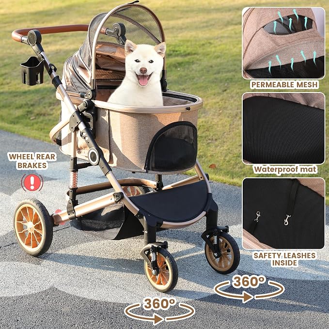 Bicystar Dog Stroller with Detachable Carrier, Rubber Wheels, 50 lbs, Tan | 3-in-1 stroller and car seat, real solid rubber wheels, fits 2 small or 1 medium pet, foldable frame
