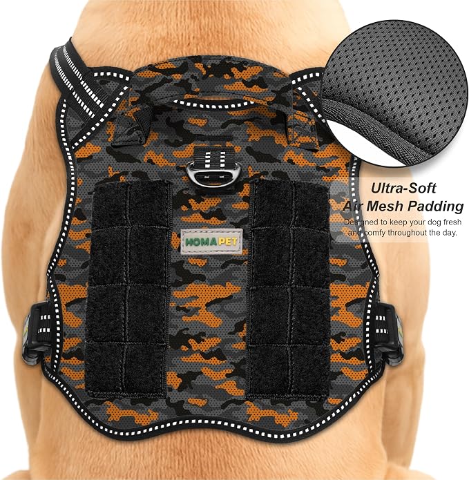 Homapet. Tactical Dog Harness with Dual Leash Attachment Points, Adjustable and Reflective Military Grade Dog Vest with Comfort Control Handle (ORNG BLK CAMO-L)