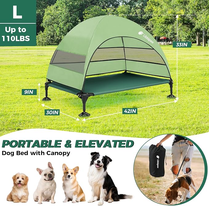 Outdoor Elevated Dog Bed with Canopy for Large Dogs, Green, L | Breathable Raised Cot with Shade, Tool-Free Setup for Patios, Backyards and Camping