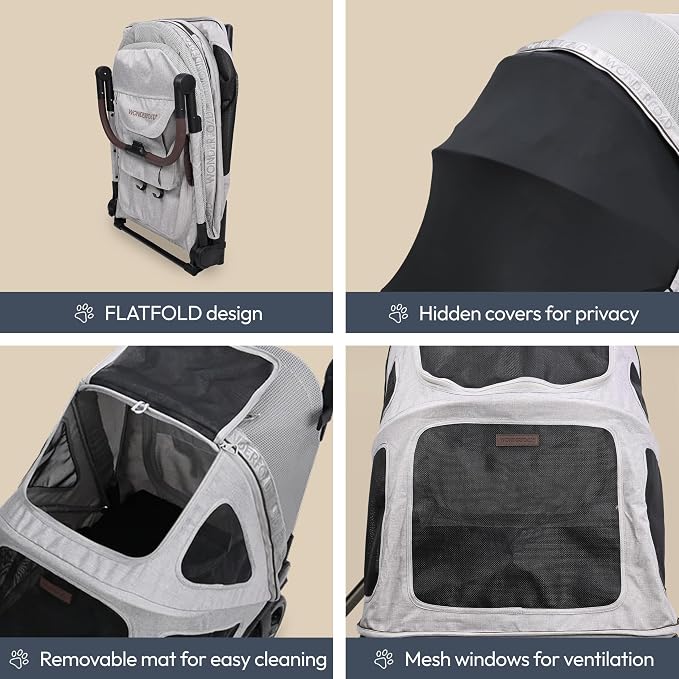 WonderFold Hudson Pet Stroller for Medium Pets - super FLATFOLD: Even the Wheels Fold In - GRAY, MEDIUM