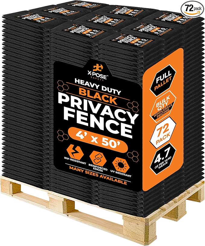 Xpose Safety Privacy Fence Screen 4’ x 50’ (72 Pack) – Bulk Full Pallet – Heavy Duty Black Mesh with 90% Visibility Block, UV Protection – Includes Cable Ties for Garden, Yard, Nursery, Kennel,Dog Run