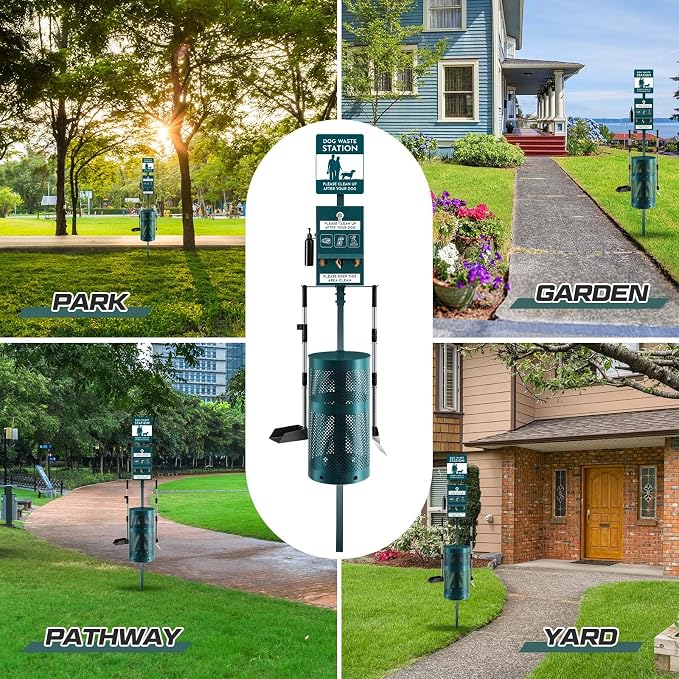 Qinyoung Dog Waste Station Outdoor Dog Poop Trash Can with Poop Bag Dispenser Shovel Dustpan Hand Sanitizer Bottle Rust Proof Bin Pet Waste Disposal System for Business Parks Backyards Trails