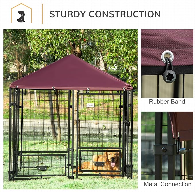 PawHut 4.6' x 4.6' x 5' Outdoor Dog Kennel, Welded Wire Dog Kennel Outside Run with 360° Rotating Bowls, Waterproof & UV Resistant Cover, for S&M Breeds, Chickens, Ducks, Red | Dog Kennel Outside Run, 360° Rotating Bowls, Waterproof & UV Resistant Cove...