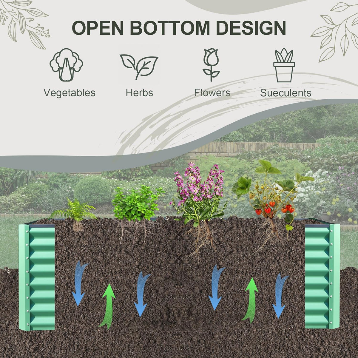 Domi Raised Garden Beds Outdoor, 6x3x2ft Thickening Tall Metal Rectangular Deep Root Box Planter for Vegetables, Flowers, Herbs, and Succulents 2" Deep w/ 256 Gallon Capacity - Green