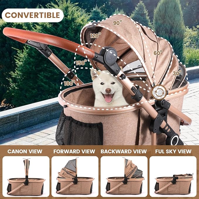 Bicystar Dog Stroller with Detachable Carrier, Rubber Wheels, 50 lbs, Tan | 3-in-1 stroller and car seat, real solid rubber wheels, fits 2 small or 1 medium pet, foldable frame