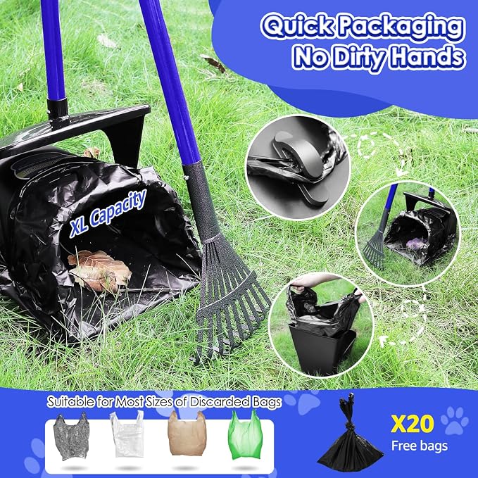 SlowTon Dog Pooper Scooper - 37.4" Long Metal Handle Adjustable Rake & Spade & Swivel Bin with 20 Waste Bags, Portable Pooper Scooper for Gravel Lawn Grass, Suit for Small Medium Large Dog